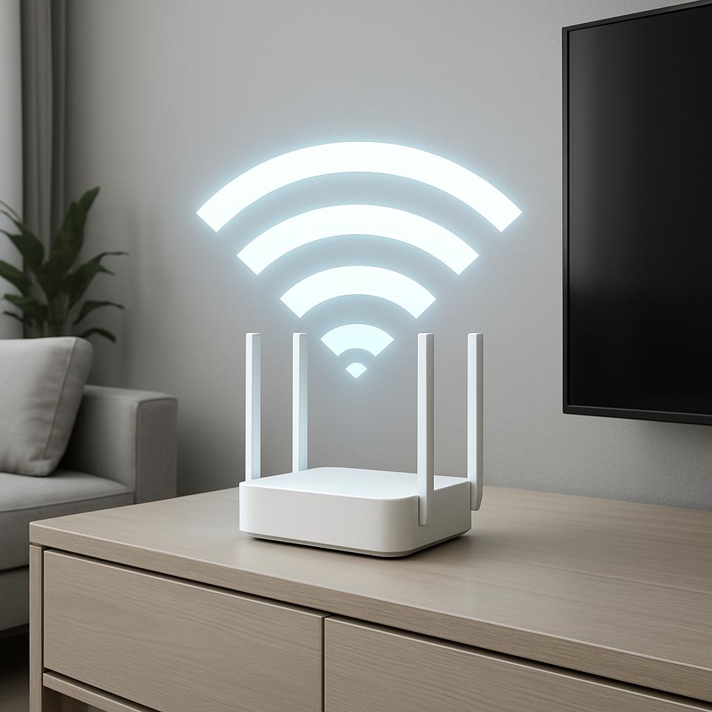 A wireless internet router and two computer peripherals. There is a large, square white router on a wood grain side table,...