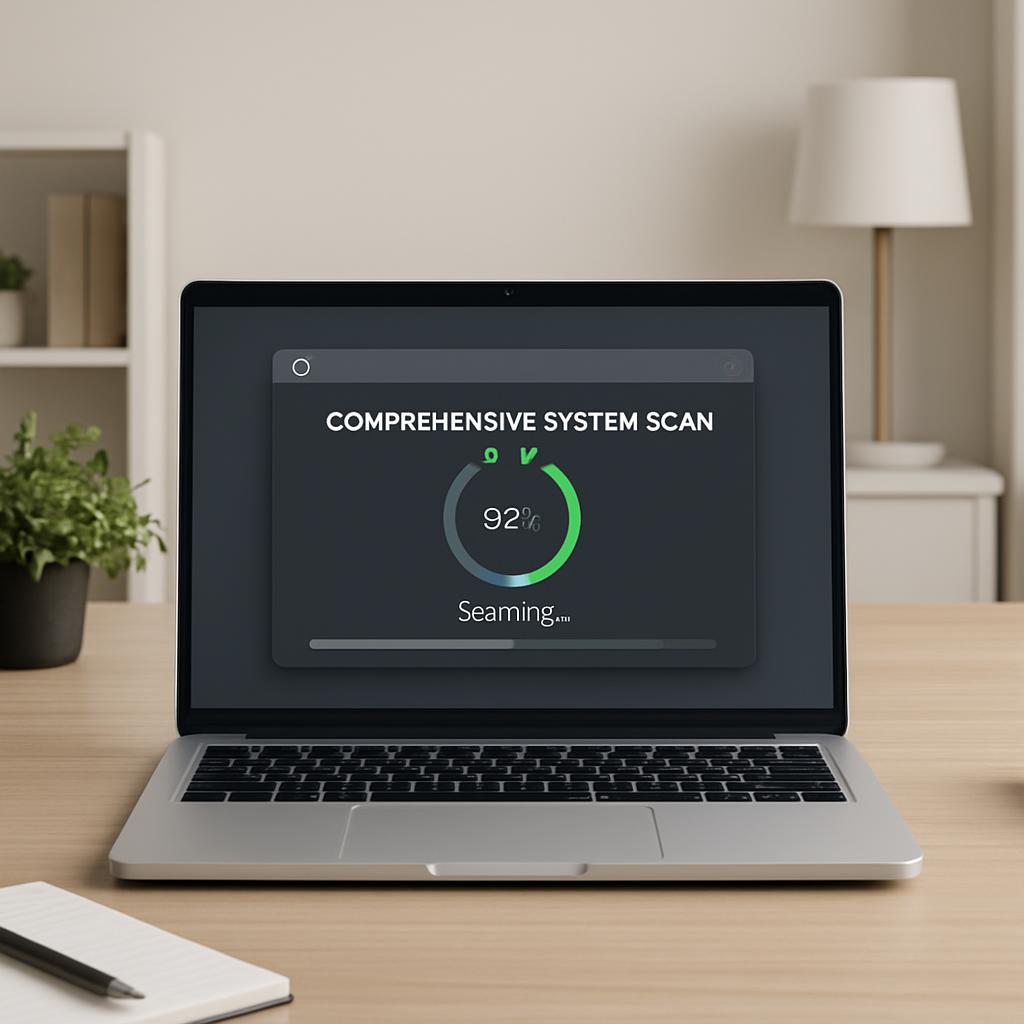 Laptop displaying a comprehensive system scan progress bar.