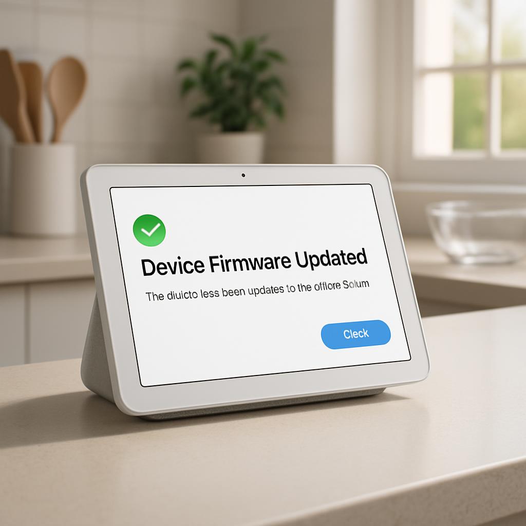Image description: A tablet displaying an update notification for smart home device firmware on kitchen countertop.