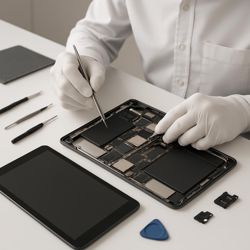 An individual wearing gloves and a mask is shown repairing a tablet with different tools.